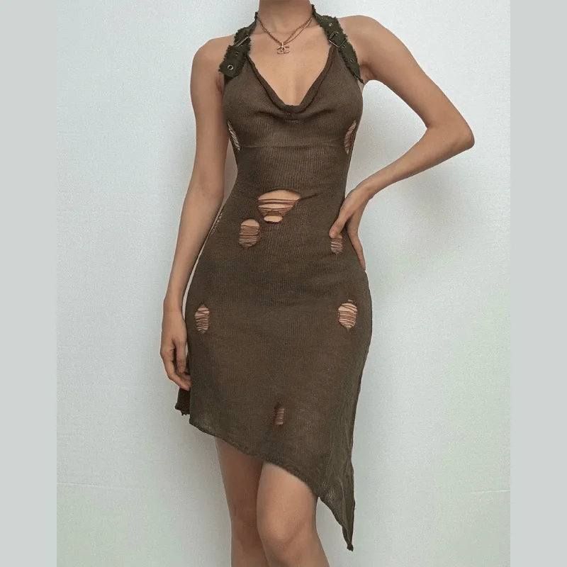 Halter cowl neck knitted buckle see through mini dress Trendy Denim Mini Dress