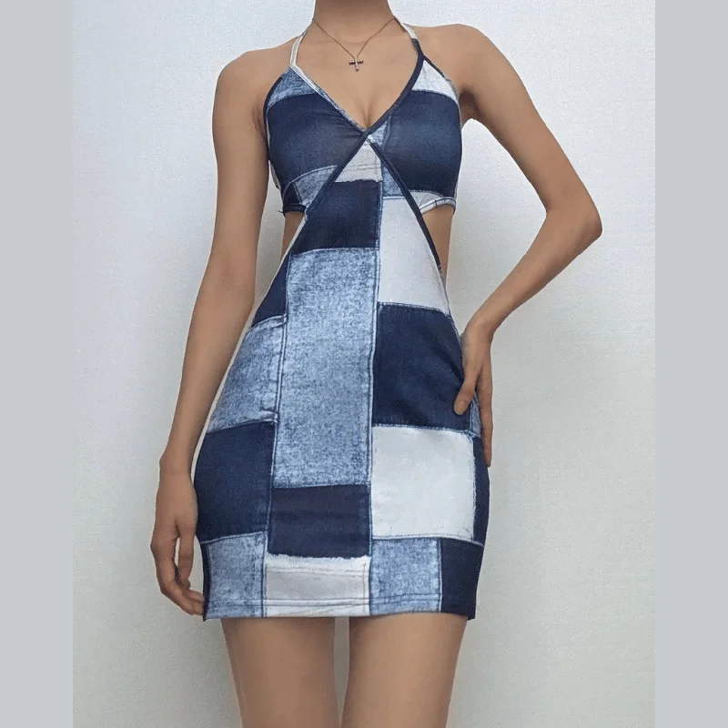 Halter patchwork denim hollow out cut out mini dress Cozy Long Sleeve Mini Dress