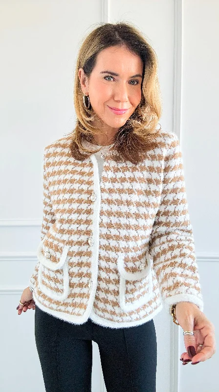 Houndstooth Tweed Jacket - Camel/White Satin Jacket Silk Jacket Chiffon Jacket