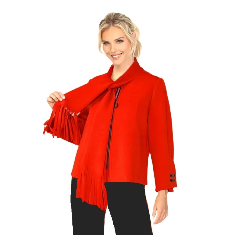IC Collection Fringed Scarf Zip Front Jacket in Red - 6929J-RD Oversized Jacket Tailored Jacket Straight Jacket IC Collection Fringed Scarf Zip Front Jacket in Red - 6929J-RD Oversized Jacket Tailored Jacket Straight Jacket