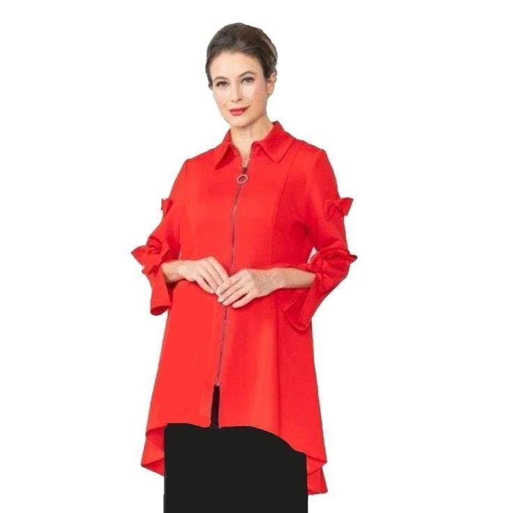 IC Collection Long High-Low Bow Bell Sleeve Jacket in Red - 4782J-RD Knit Fabric Woven Fabric Fleece Fabric IC Collection Long High-Low Bow Bell Sleeve Jacket in Red - 4782J-RD Knit Fabric Woven Fabric Fleece Fabric