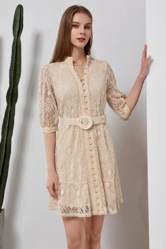 Isadore Lace Mini Dress - Cream/Beige Trendy Mini Dress with Belt