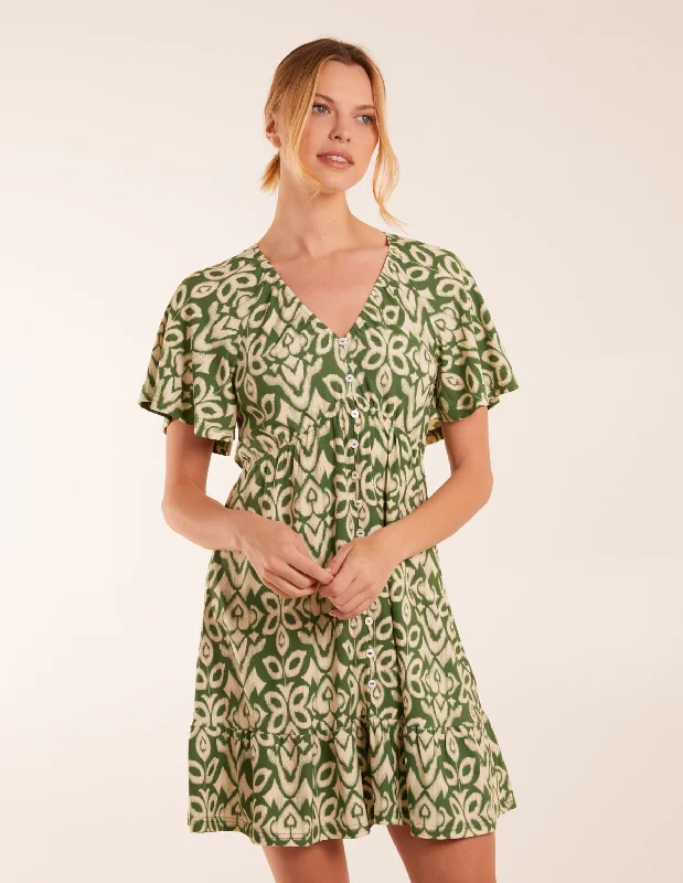Button Through Elastic Waist Mini Dress Casual Button-Up Mini Dress