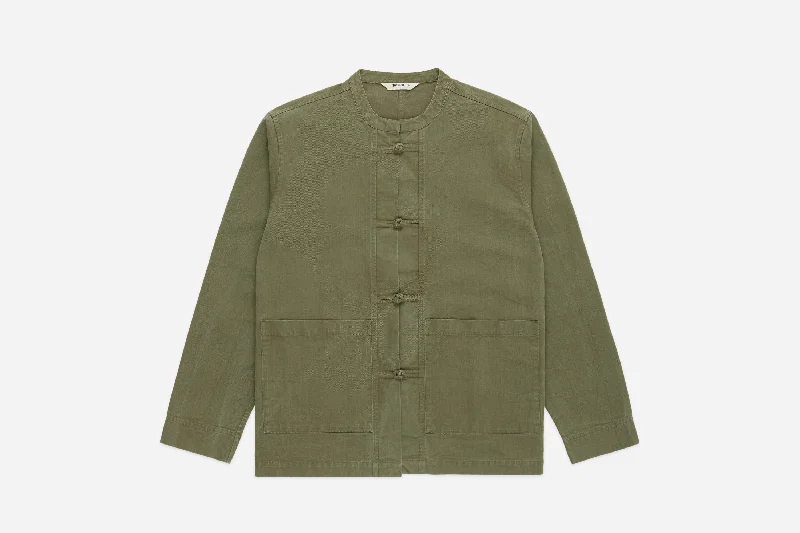 Kung Fu Jacket ~ Olive Twill Notch Collar Peter Pan Collar Cowl Neck