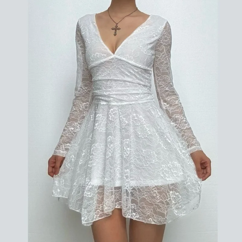 Lace v neck long sleeve self tie backless mini dress Fashionable Polka Dot Mini Dress Lace v neck long sleeve self tie backless mini dress Fashionable Polka Dot Mini Dress