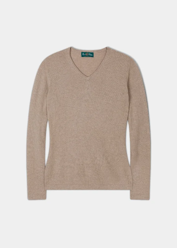 Rachel Ladies Cashmere Vee Neck Jumper In Linen