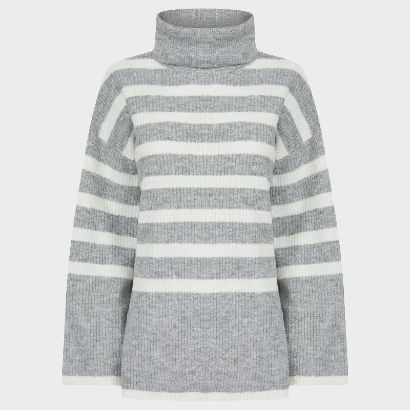 Ladies Grey Stripe Roll Neck Jumper