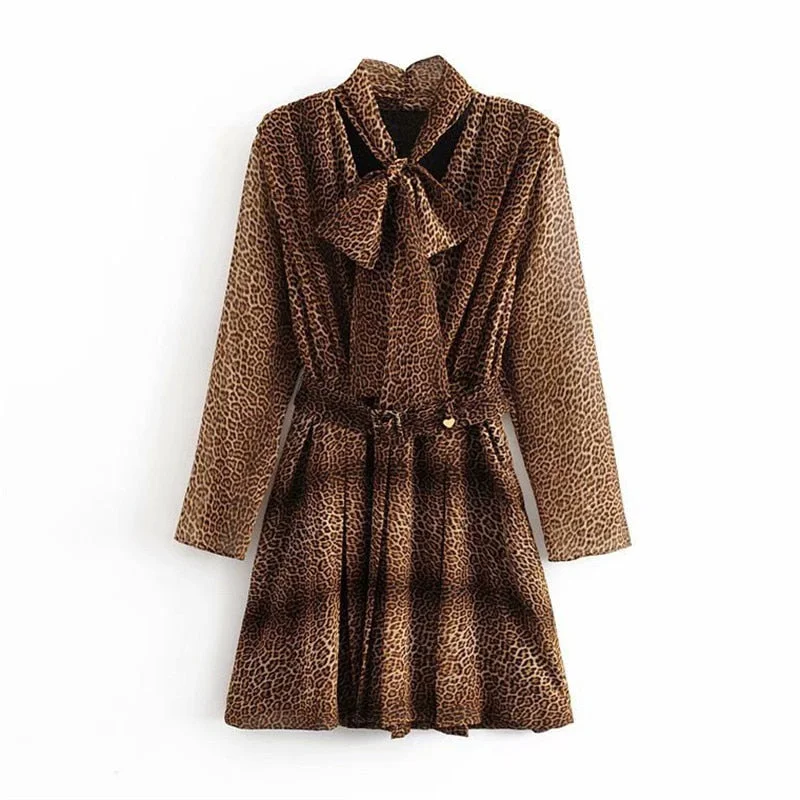 Lady Leopard Mini Dress Bow Tie Collar Comfortable Zip-Up Mini Dress