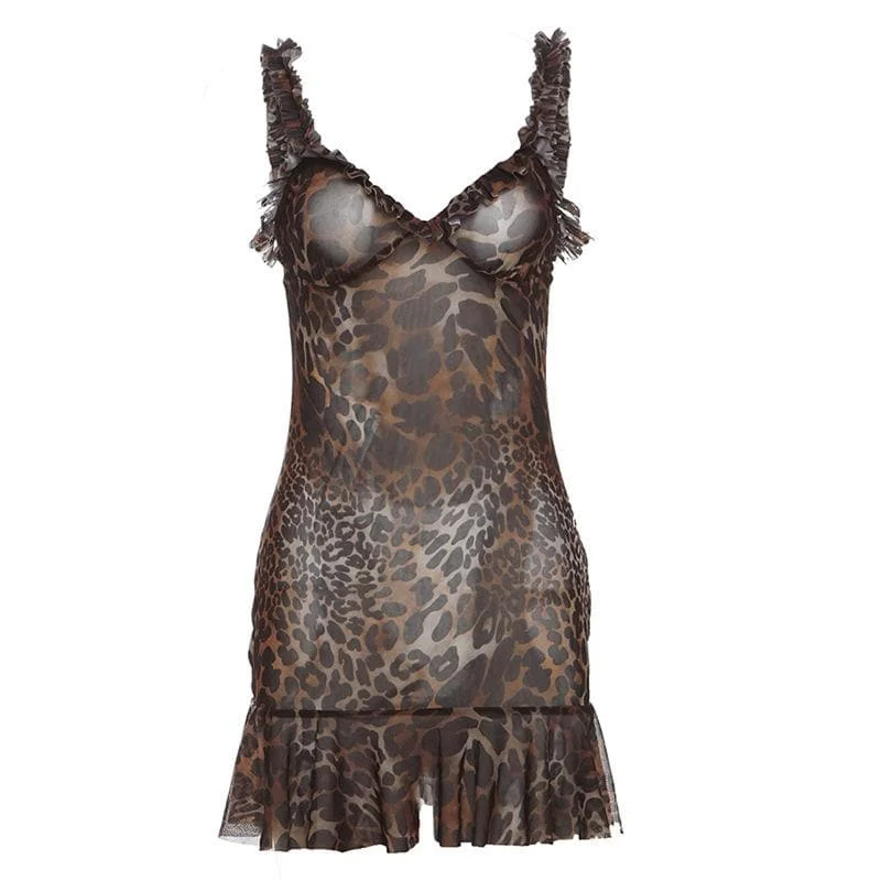 Leopard print v neck ruffle mesh cami mini dress Classic Shift Mini Dress