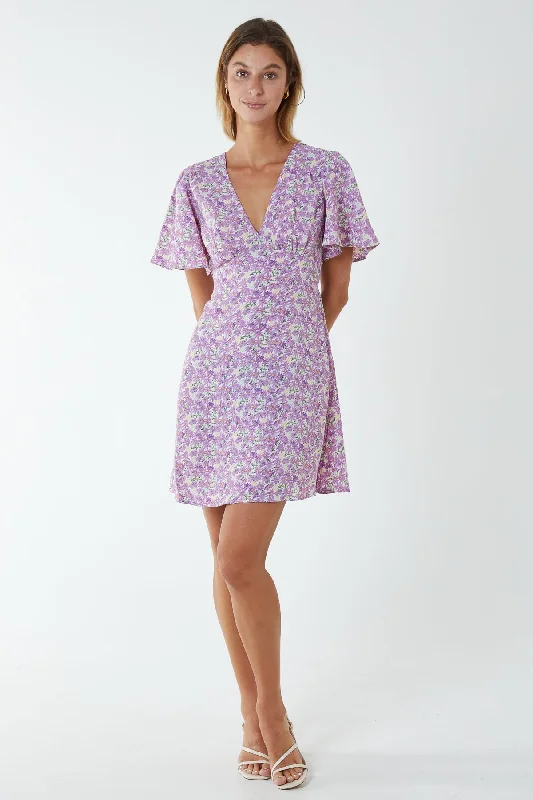 Angel Sleeve Mini Dress Elegant Mini Dress with Pleats