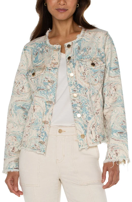 Liverpool Classic Jean Jacket with Fray Hem (Ocean Blue/Ecru) Nylon Fabric Polyester Fabric Spandex Fabric Liverpool Classic Jean Jacket with Fray Hem (Ocean Blue/Ecru) Nylon Fabric Polyester Fabric Spandex Fabric