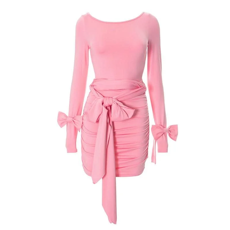 Long sleeve bowknot ruched self tie mini dress Classic White Mini Dress