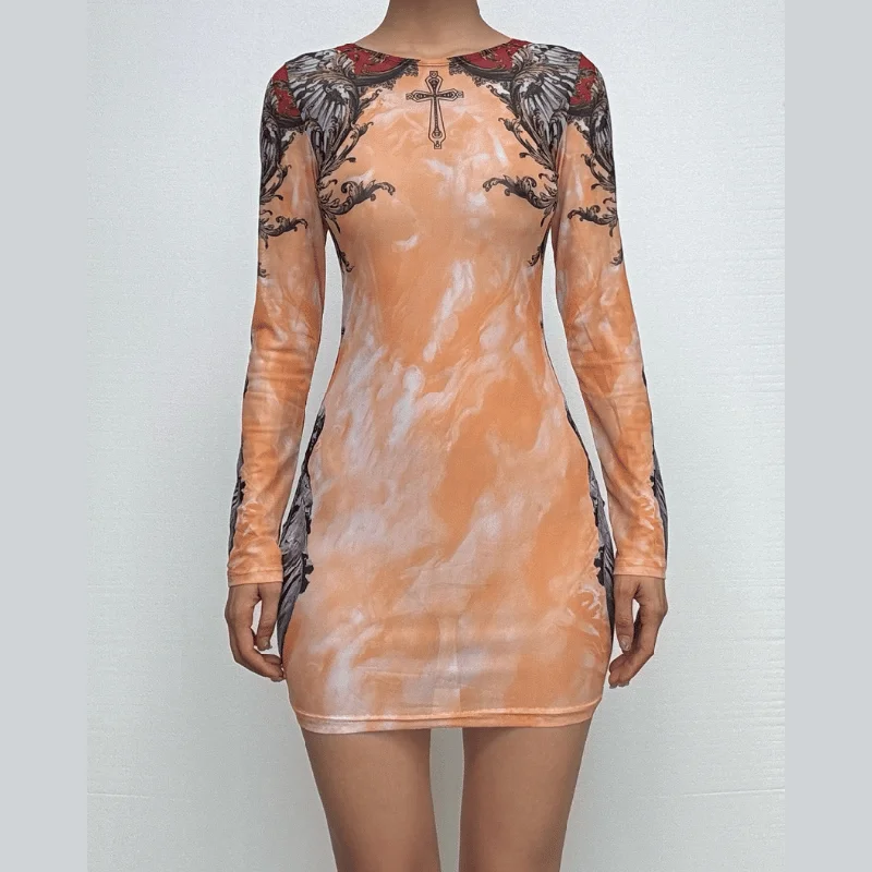 Long sleeve crewneck print sheer mesh mini dress Cozy T-Shirt Mini Dress