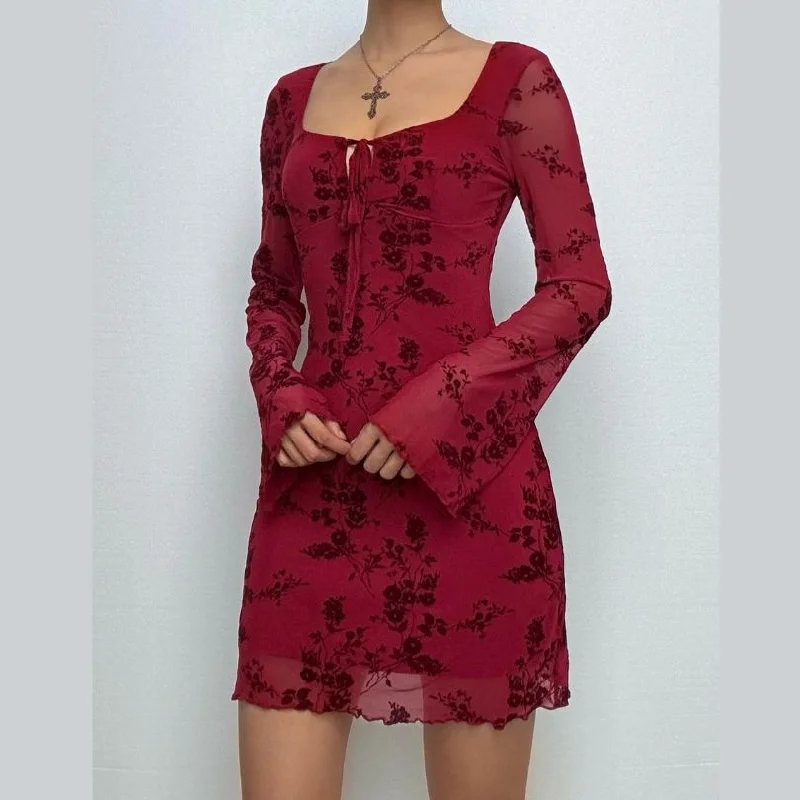 Long sleeve flower pattern mesh self tie mini dress Trendy Denim Mini Dress