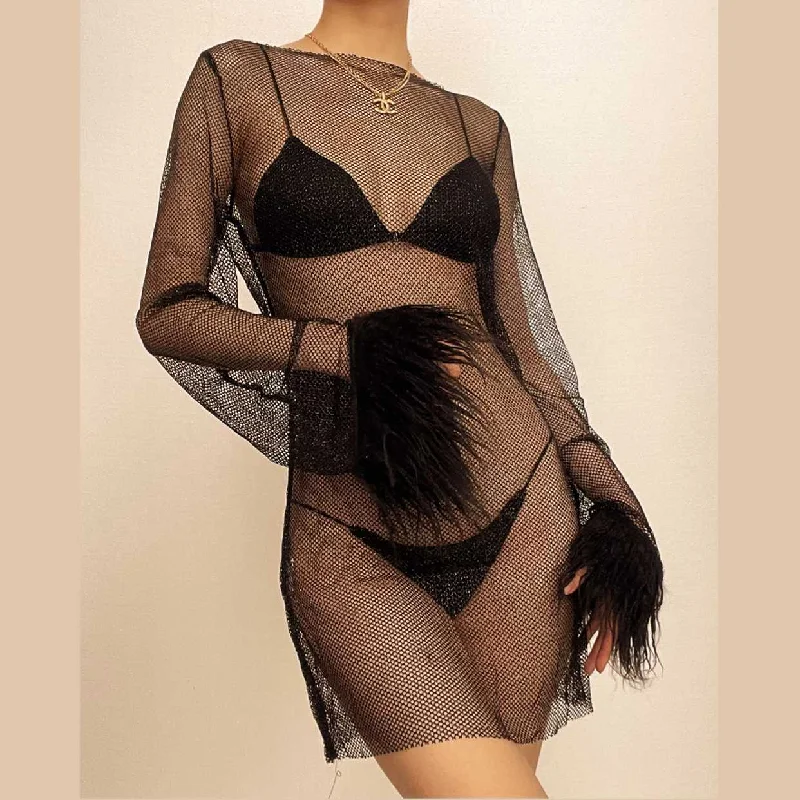 Long sleeve solid see through sheer mesh fluffy round neck mini dress Cozy Wraparound Mini Dress