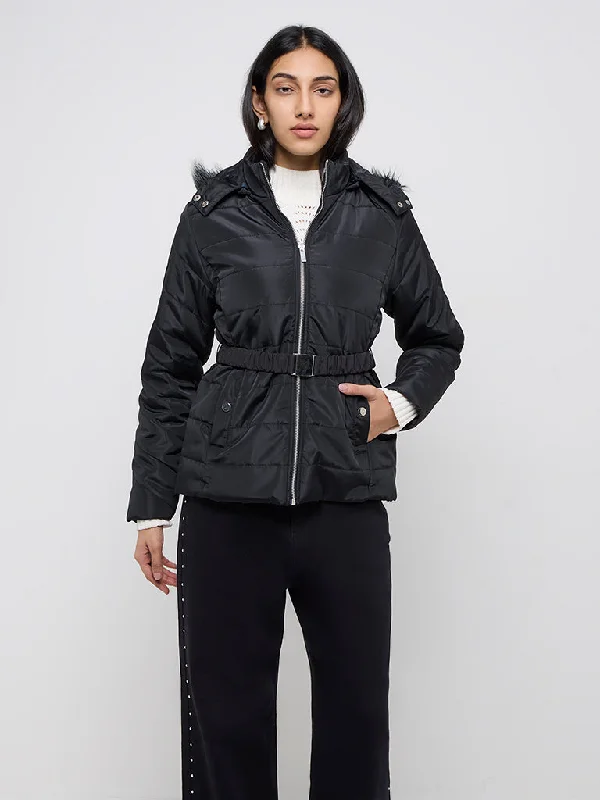 LOV Black Quilted Puffer Jacket Chenille Fabric Brocade Fabric Lace Fabric