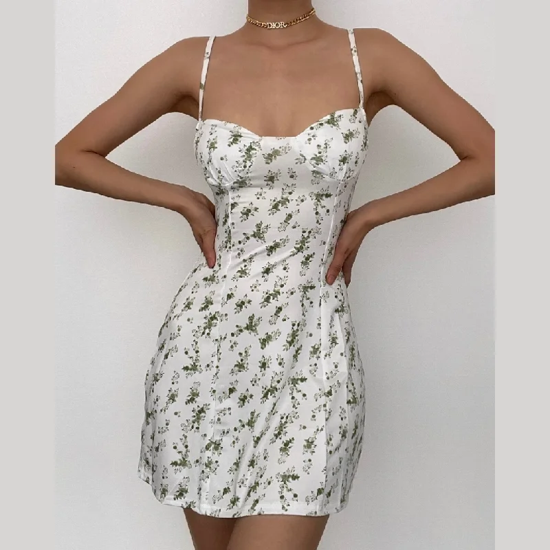 Low cut sleeveless flower pattern backless cami mini dress Elegant Mini Dress with Pleats