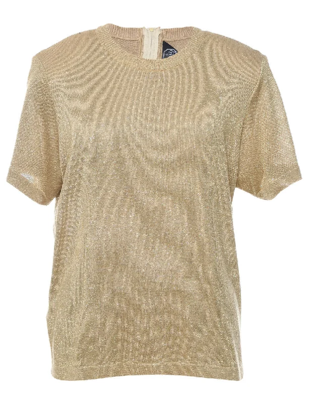 Lurex Thread Pattern Gold Short-Sleeve Jumper - XL