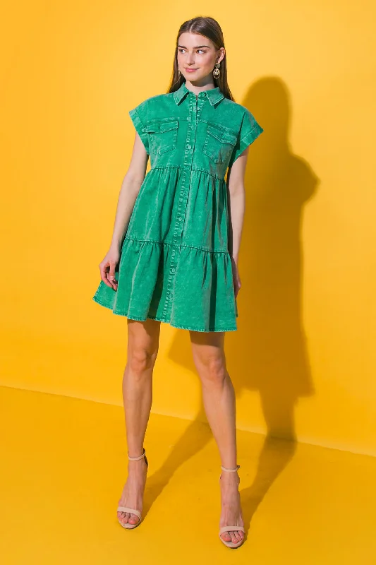 NO DULL MOMENTS DENIM MINI DRESS Elegant Silk Mini Dress