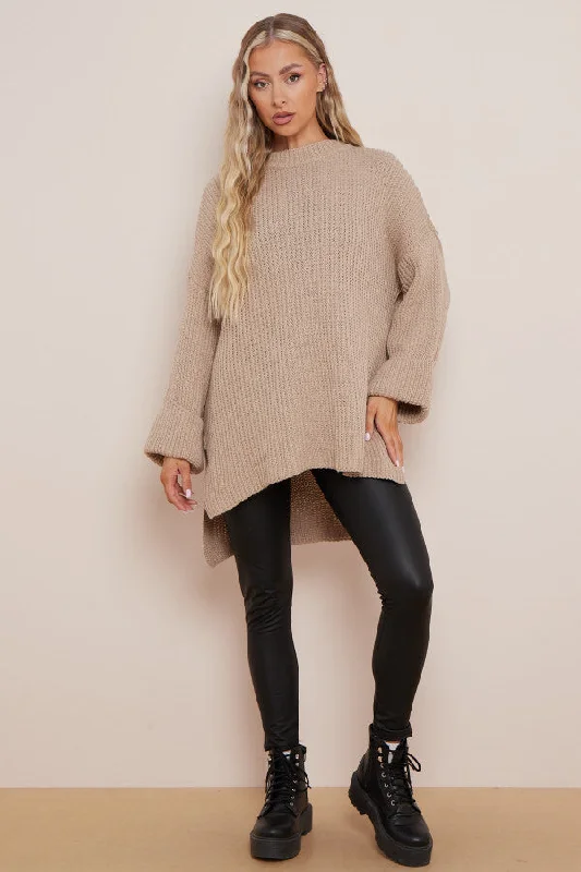 Beige dip hem oversized knit jumper