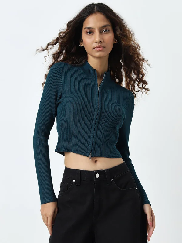 Nuon Dark Teal Ribbed Textured Jacket Fleece Jacket Down Jacket Parka