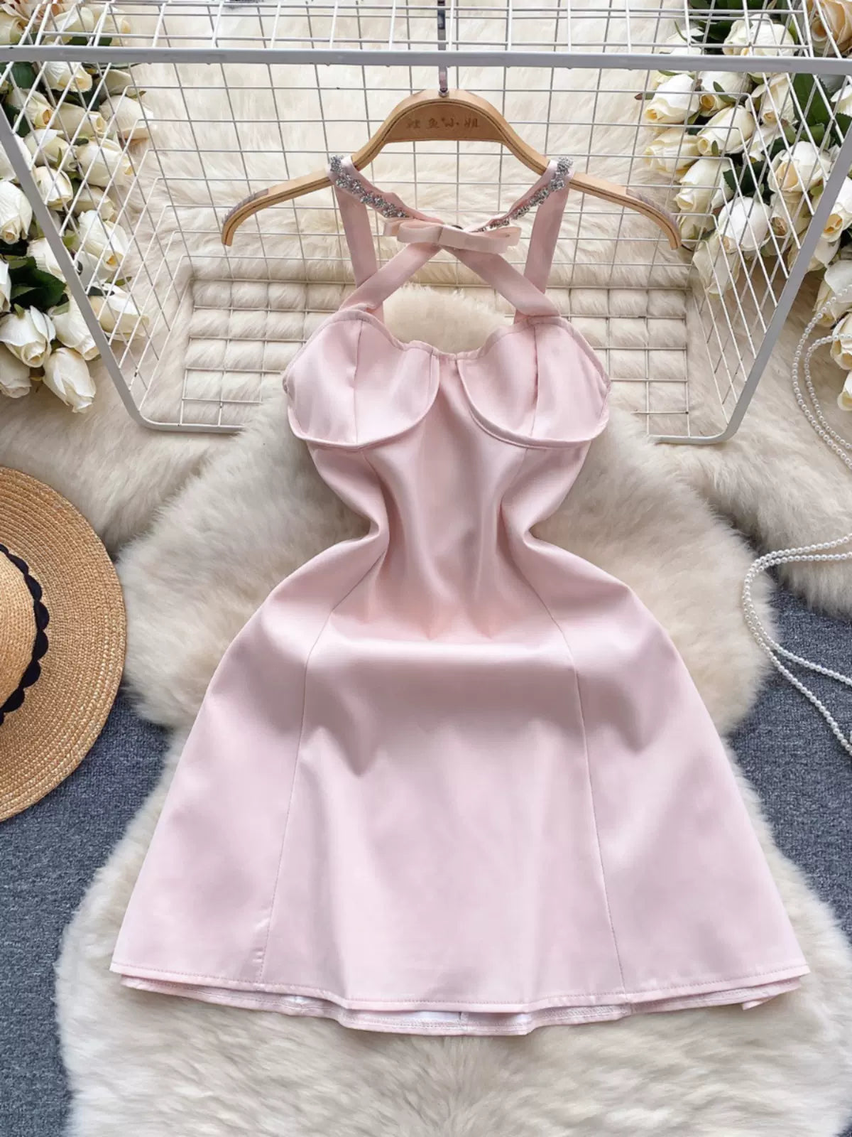Pastel Pink Cut-Out Mini Dress with Sparkle Straps Trendy Floral Mini Dress