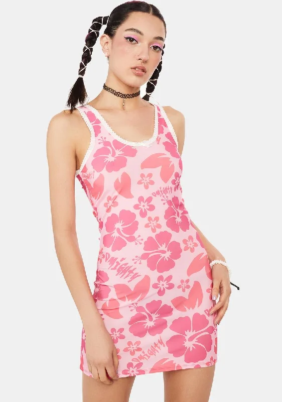 Pink Hibiscus Mini Dress Classic Floral Mini Dress