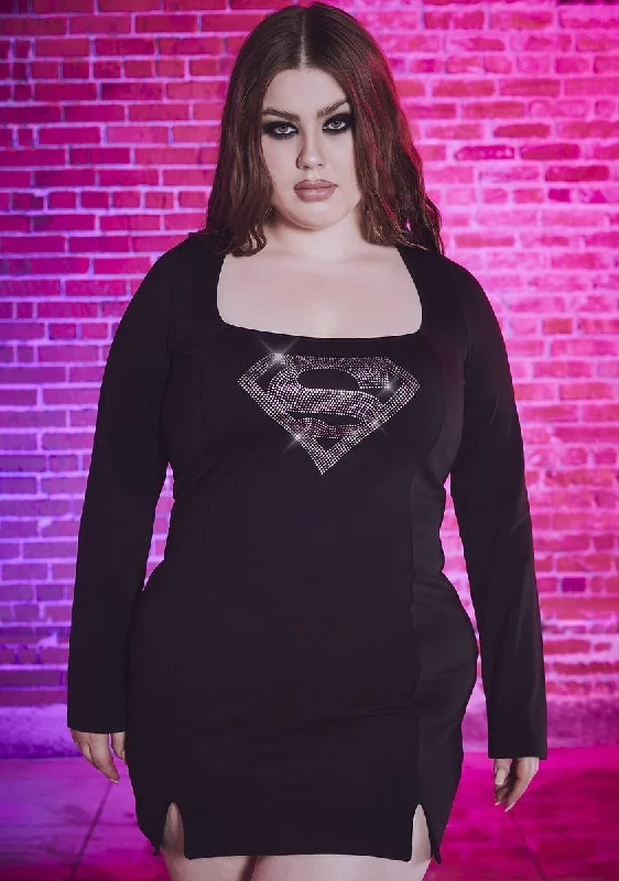 Plus My Kryptonite Rhinestone Mini Dress Cozy Cowl Neck Mini Dress