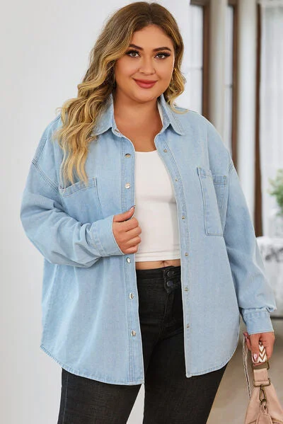 Plus Size Snap Down Pocketed Denim Jacket Jersey Jacket Tulle Jacket Batik Jacket