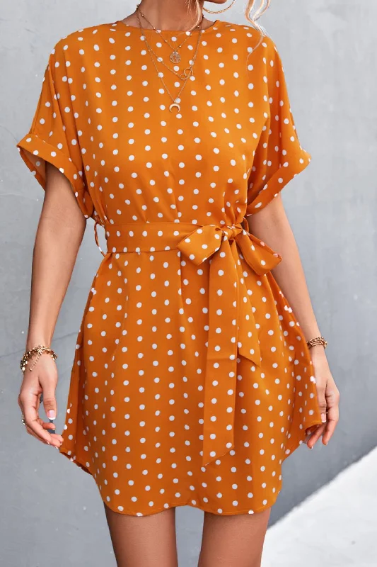 Polka Dot Tie-Waist Curved Hem Mini Dress Fashionable Pleated Mini Dress