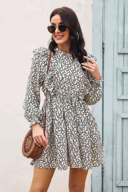 Printed Ruffle Trim Smocked Long Sleeve Mini Dress Cozy Jersey Mini Dress