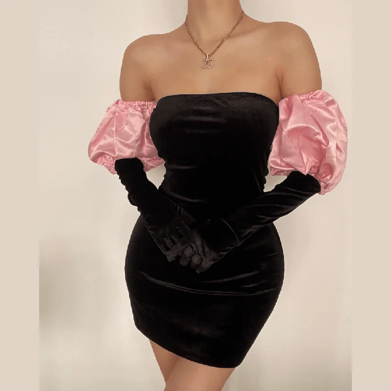 Puff sleeve off shoulder corduroy mini dress Trendy Mesh Mini Dress