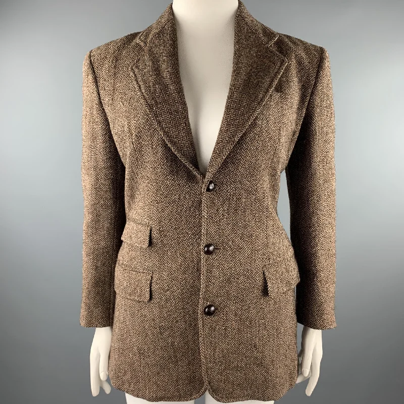RALPH LAUREN Size 4 Oversized Brown Tweed Herringbone Wool Blazer Jacket Zippered Jacket Buttoned Jacket Snapped Jacket RALPH LAUREN Size 4 Oversized Brown Tweed Herringbone Wool Blazer Jacket Zippered Jacket Buttoned Jacket Snapped Jacket