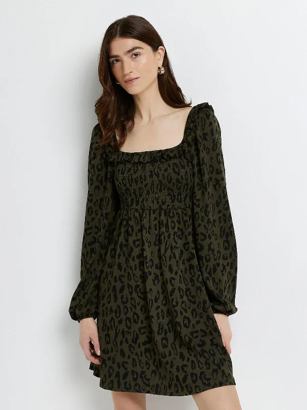 River Island Shirred Khaki Leopard Mini Dress Size 6 **** V278 Classic Solid Mini Dress