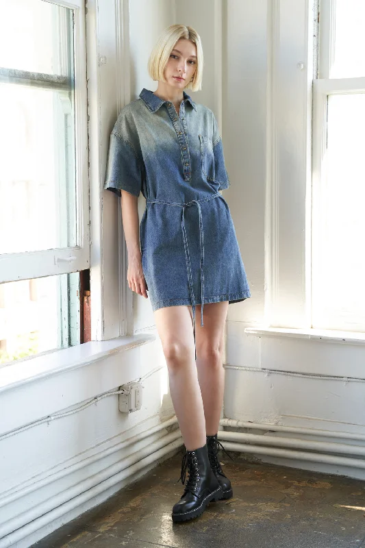 ROMANCE LANGUAGE DENIM MINI DRESS Comfortable Smocked Mini Dress