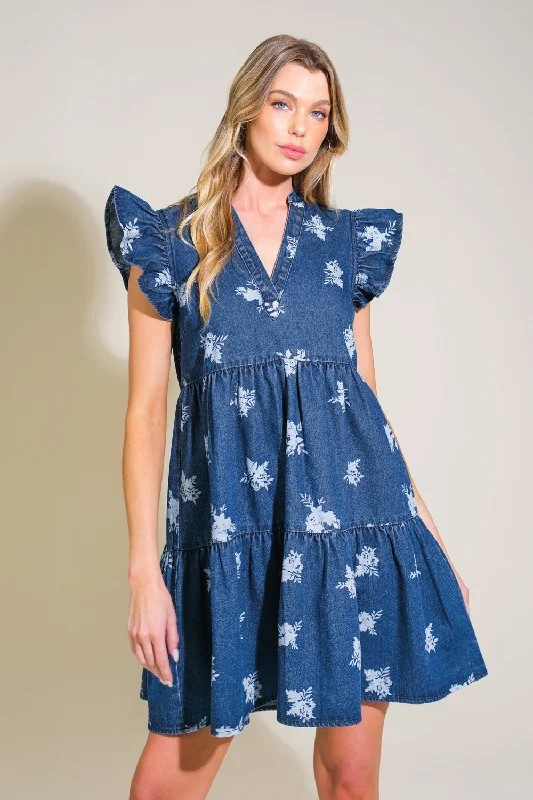 ROMANTICALLY ENTANGLED DENIM MINI DRESS Classic Floral Print Mini Dress