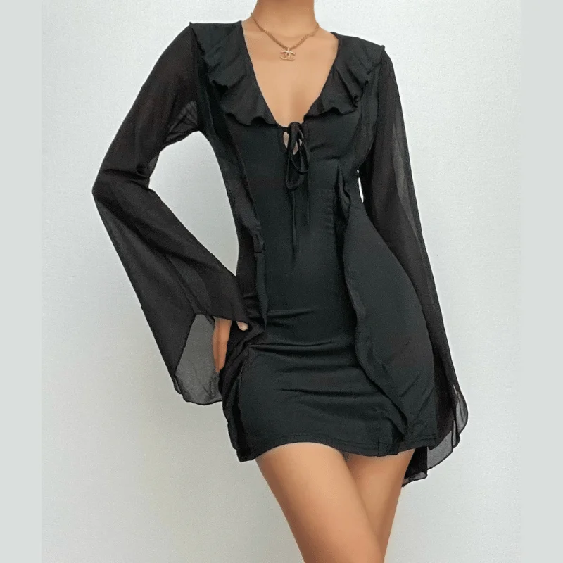 Ruffle long flared sleeve self tie chiffon solid mini dress Cozy A-Line Mini Dress