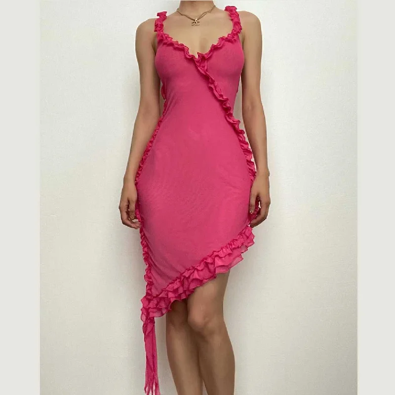 Sheer mesh see through ruffle solid cross back irregular mini dress Classic Casual Mini Dress