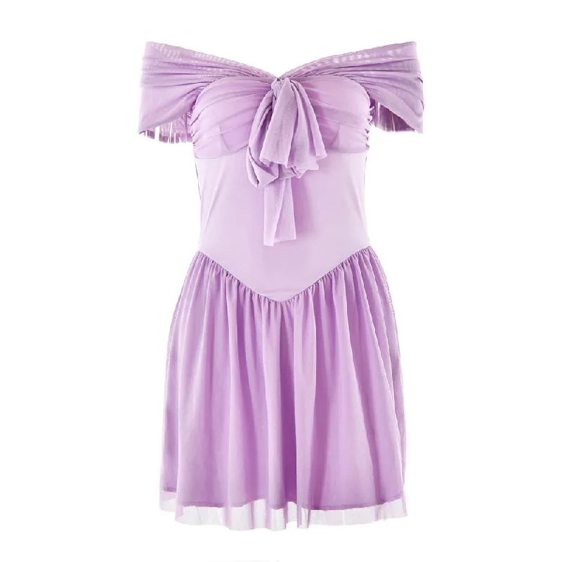 Short sleeve off shoulder knotted mesh patchwork mini dress Trendy Off-Shoulder Dress Mini