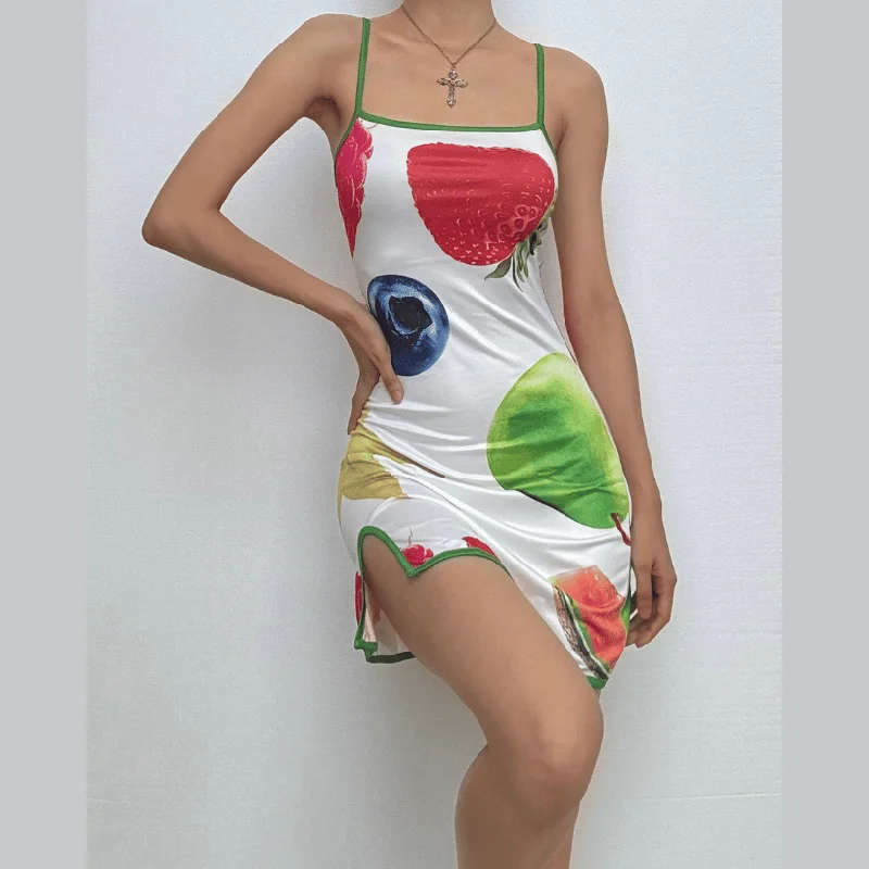 Square neck fruit print slit cami mini dress Fashionable Lace Mini Dress
