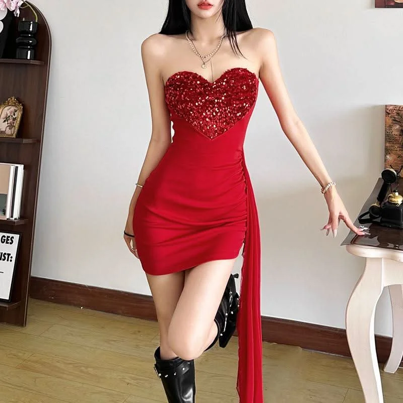 Sweetheart neck glitter irregular ruched tube mini dress Elegant Lace-Up Mini Dress