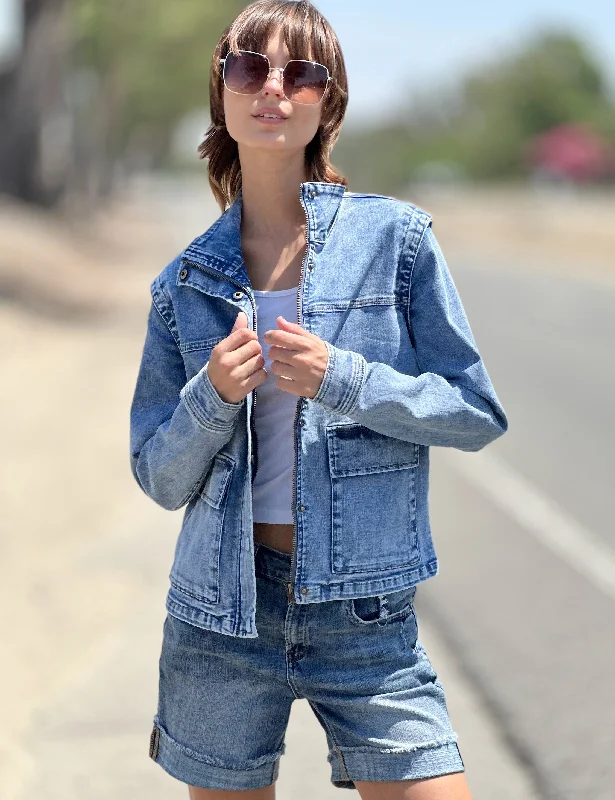 Swift Denim Jacket A-Line Jacket Boat Neck Shawl Collar