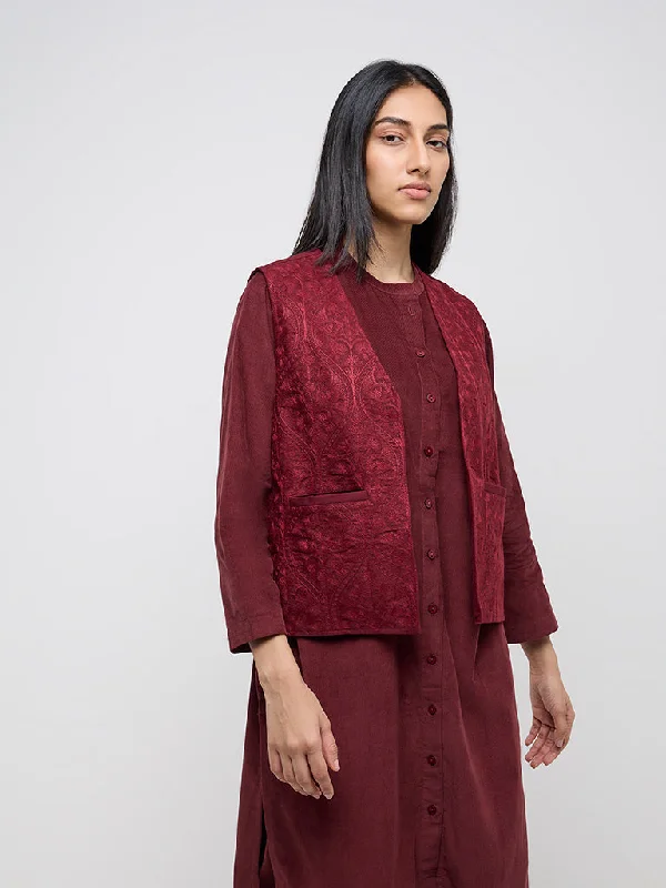 Utsa Maroon Embroidered Cotton Jacket Jersey Jacket Tulle Jacket Batik Jacket