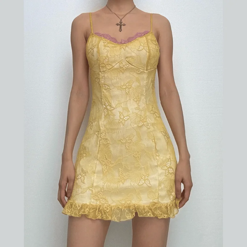 V neck lace ruffle butterfly pattern cami mini dress Trendy Tie-Dye Mini Dress