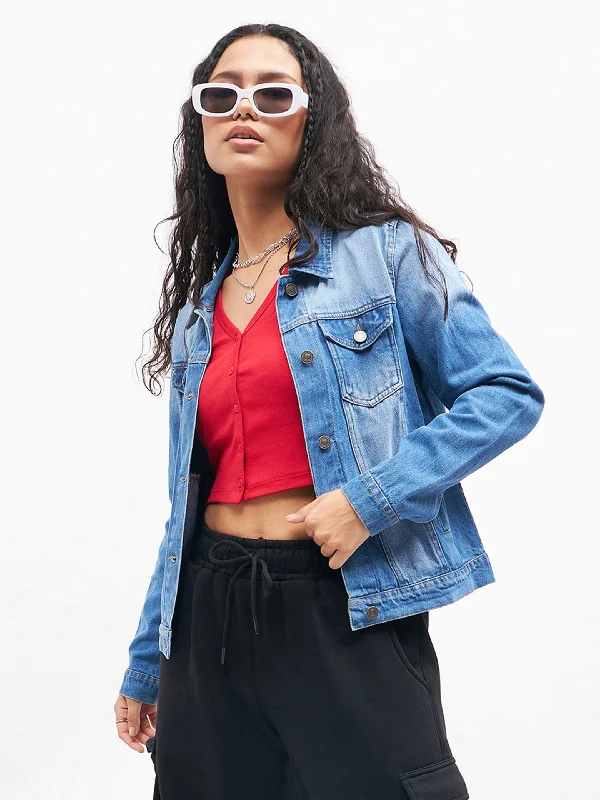 Women Blue Basic Denim Regular Jacket Cardigan Sweater Pullover