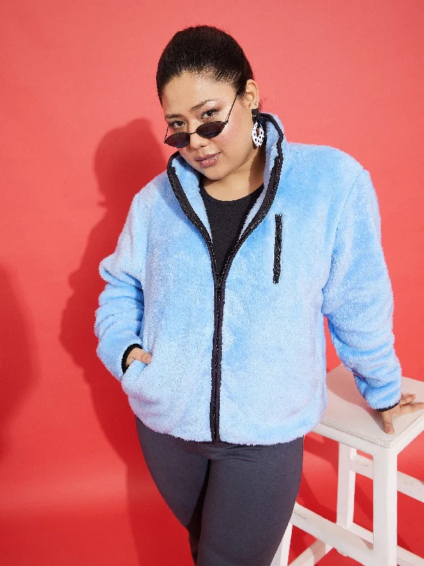 Women Blue Fur Contrast Piping Zipper Jacket Satin Jacket Silk Jacket Chiffon Jacket Women Blue Fur Contrast Piping Zipper Jacket Satin Jacket Silk Jacket Chiffon Jacket