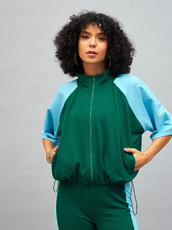 Women Green Knitted Color Block Jacket Wool Jacket Cashmere Jacket Tweed Jacket