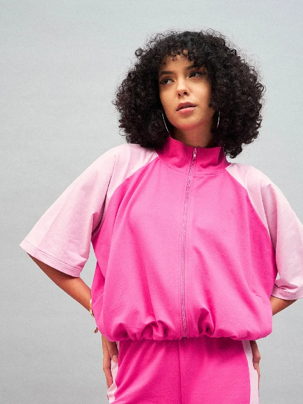 Women Pink Knitted Color Block Jacket Belted Jacket Elasticated Jacket Padded Jacket Women Pink Knitted Color Block Jacket Belted Jacket Elasticated Jacket Padded Jacket