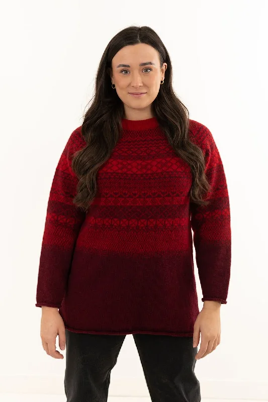 Womens Lace Fair Isle Tunic Jumper - Red