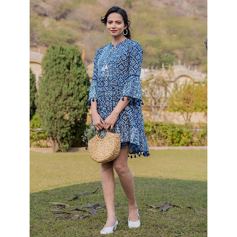 Yufta Blue Pure Cotton Ethnic Motifs Less Border Tassels Mini Dress Casual High-Waist Mini Dress